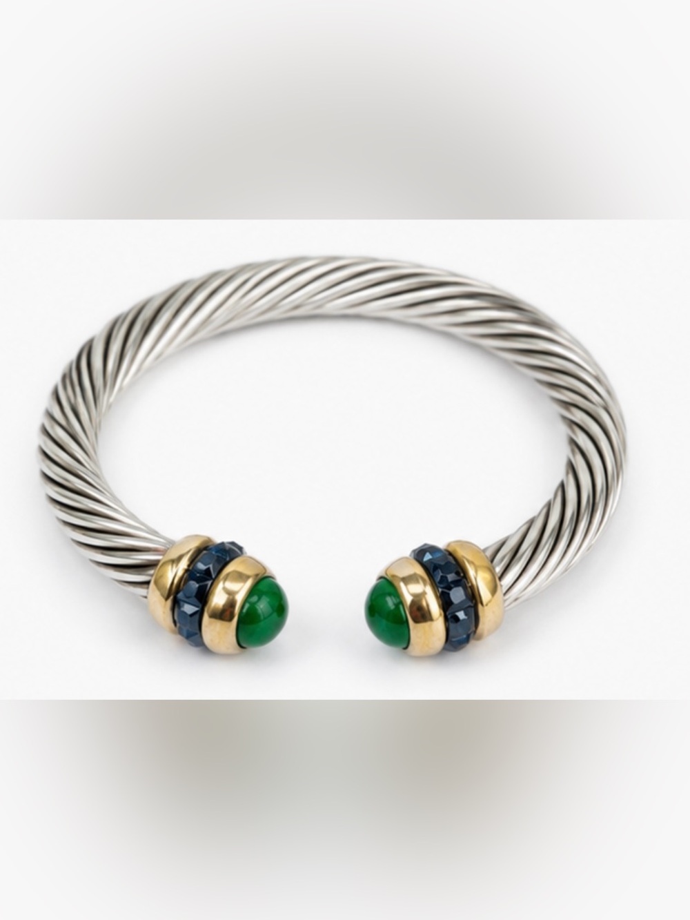Sterling-Tone Twisted Cable Cuff Bracelet with Green and Blue Stone Accents